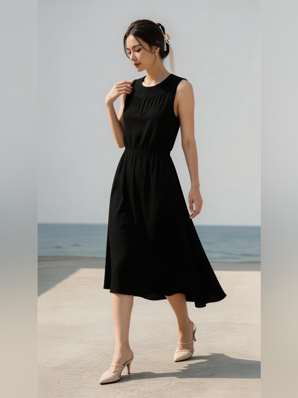 Monteau Black Sleeveless Midi Dress with Sheer Panel Size L